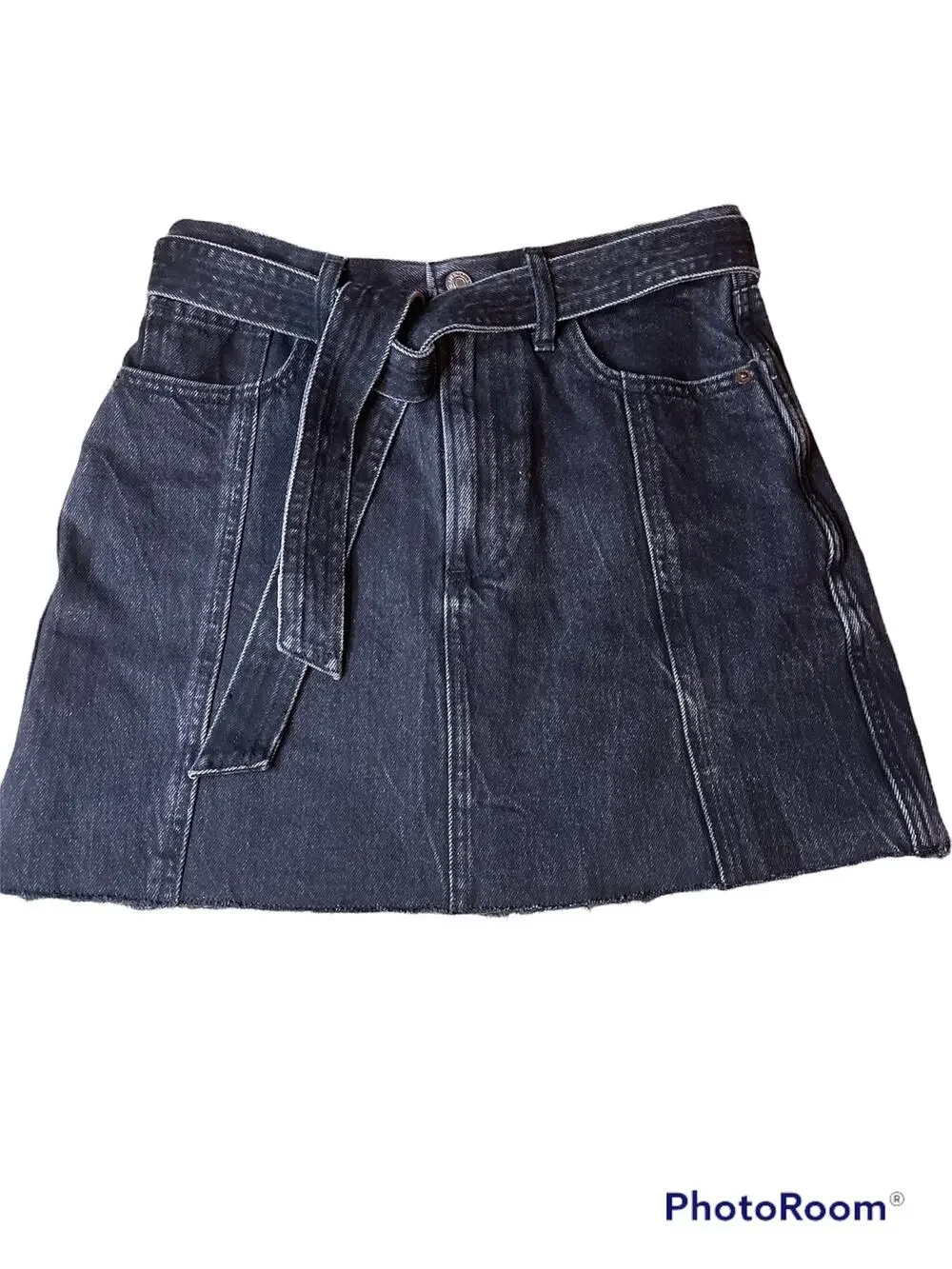Abercrombie & Fitch Black Jean Denim Raw Hem Waist Tie Mini Skirt Size 27/4